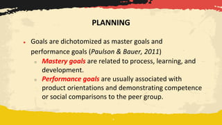 ● Goals are dichotomized as master goals and
performance goals (Paulson & Bauer, 2011)
○ Mastery goals are related to process, learning, and
development.
○ Performance goals are usually associated with
product orientations and demonstrating competence
or social comparisons to the peer group.
PLANNING
 