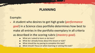 Example:
● A student who desires to get high grade (performance
goal) in a Science class portfolio determines how best to
make all entries in the portfolio exemplary in all criteria
as described in the scoring rubric (mastery goal).
■ What am I asked to learn or do here?
■ What do I already know about this lesson or task?
■ What should be my pacing to complete this task?
■ What should I focus on when learning or solving this task?
PLANNING
 