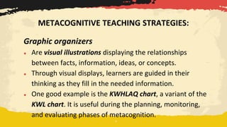 Graphic organizers
● Are visual illustrations displaying the relationships
between facts, information, ideas, or concepts.
● Through visual displays, learners are guided in their
thinking as they fill in the needed information.
● One good example is the KWHLAQ chart, a variant of the
KWL chart. It is useful during the planning, monitoring,
and evaluating phases of metacognition.
METACOGNITIVE TEACHING STRATEGIES:
 