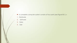  A complete computer system consists of four parts (see Figure IB.1): »
1. Hardware
2. Software
3. Data
4. User
 