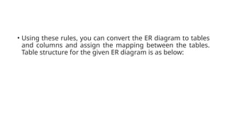 • Using these rules, you can convert the ER diagram to tables
and columns and assign the mapping between the tables.
Table structure for the given ER diagram is as below:
 