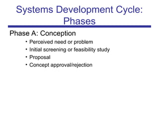 Phase A: Conception
• Perceived need or problem
• Initial screening or feasibility study
• Proposal
• Concept approval/rejection
Systems Development Cycle:
Phases
 