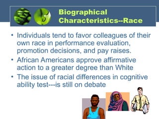 Biographical
Characteristics--Race
• Individuals tend to favor colleagues of their
own race in performance evaluation,
promotion decisions, and pay raises.
• African Americans approve affirmative
action to a greater degree than White
• The issue of racial differences in cognitive
ability test---is still on debate
 