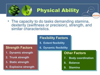 Physical Ability
• The capacity to do tasks demanding stamina,
dexterity (swiftness or precision), strength, and
similar characteristics.
Ability
Intellectual physical
Other Factors
7. Body coordination
8. Balance
9. Stamina
Strength Factors
1. Dynamic strength
2. Trunk strength
3. Static strength
4. Explosive strength
Flexibility Factors
5. Extent flexibility
6. Dynamic flexibility
 