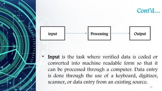 11/09/2024 11
Cont’d…
• Input is the task where verified data is coded or
converted into machine readable form so that it
can be processed through a computer. Data entry
is done through the use of a keyboard, digitizer,
scanner, or data entry from an existing source.
input Processing Output
 
