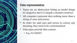 11/09/2024 14
Data representation
• Types are an abstraction letting us model things
in categories and it is largely a mental construct.
• All computer represent data nothing more than a
string of ones and zeroes.
• In order for said ones and zeroes to convey any
meaning, they need to be contextualized.
• Data types provide that context.
– E.g. 01100001
 