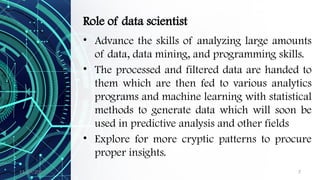 11/09/2024 7
Role of data scientist
• Advance the skills of analyzing large amounts
of data, data mining, and programming skills.
• The processed and filtered data are handed to
them which are then fed to various analytics
programs and machine learning with statistical
methods to generate data which will soon be
used in predictive analysis and other fields
• Explore for more cryptic patterns to procure
proper insights.
 