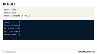 INTERMEDIATE SQL
IS NULL
SELECT name
FROM people
WHERE birthdate IS NULL;
|name |
|-------------|
|A. Raven Cruz|
|A.J. DeLucia |
|Aaron Hann |
...
 
