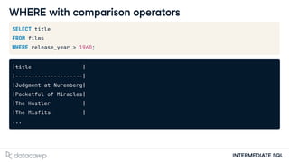 INTERMEDIATE SQL
WHERE with comparison operators
SELECT title
FROM films
WHERE release_year > 1960;
|title |
|---------------------|
|Judgment at Nuremberg|
|Pocketful of Miracles|
|The Hustler |
|The Misfits |
...
 