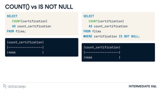 INTERMEDIATE SQL
COUNT() vs IS NOT NULL
SELECT
COUNT(certification)
AS count_certification
FROM films;
|count_certification|
|-------------------|
|4666 |
SELECT
COUNT(certification)
AS count_certification
FROM films
WHERE certification IS NOT NULL;
|count_certification|
|-------------------|
|4666 |
 