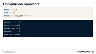 INTERMEDIATE SQL
Comparison operators
SELECT title
FROM films
WHERE release_year = 1960;
|title |
|-------------|
|Elmer Gantry |
|Psycho |
|The Apartment|
 
