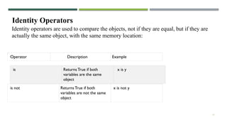12
Identity Operators
Operator Description Example
is Returns True if both
variables are the same
object
x is y
is not Returns True if both
variables are not the same
object
x is not y
Identity operators are used to compare the objects, not if they are equal, but if they are
actually the same object, with the same memory location:
 
