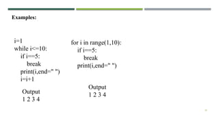30
Examples:
i=1
while i<=10:
if i==5:
break
print(i,end=" ")
i=i+1
Output
1 2 3 4
for i in range(1,10):
if i==5:
break
print(i,end=" ")
Output
1 2 3 4
 
