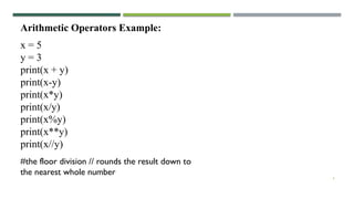 4
#the floor division // rounds the result down to
the nearest whole number
x = 5
y = 3
print(x + y)
print(x-y)
print(x*y)
print(x/y)
print(x%y)
print(x**y)
print(x//y)
Arithmetic Operators Example:
 