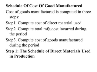 Schedule Of Cost Of Good Manufactured
Cost of goods manufactured is computed in three
steps:
Step1. Compute cost of direct material used
Step2. Compute total mfg cost incurred during
the period
Step3. Compute cost of goods manufactured
during the period
Step 1: The Schedule of Direct Materials Used
in Production
 