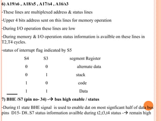 6) A19/s6 , A18/s5 , A17/s4 , A16/s3
-These lines are multiplexed address & status lines
-Upper 4 bits address sent on this lines for memory operation
-During I/O operation these lines are low
-During memory & I/O operation status information is availble on these lines in
T2,T4 cycles.
-status of interrupt flag indicated by S5
S4 S3 segment Register
0 0 alternate data
0 1 stack
1 0 code
1 1 Data
7) BHE /S7 (pin no- 34) -? bus high enable / status
-During t1 state BHE signal is used to enable dat on most signficant half of data bus
pins D15- D8..S7 status information availble during t2,t3,t4 status -? remain high
 