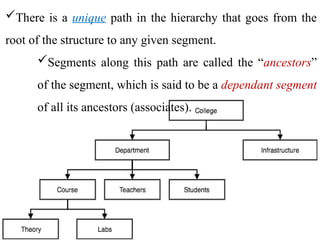 There is a unique path in the hierarchy that goes from the
root of the structure to any given segment.
Segments along this path are called the “ancestors”
of the segment, which is said to be a dependant segment
of all its ancestors (associates).
 
