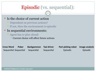 Episodic (vs. sequential):
Artificial Intelligence a modern approach
21
 Is the choice of current action
 Dependent on previous actions?
 If not, then the environment is episodic
 In sequential environments:
 Agent has to plan ahead:
 Current choice will affect future actions
Cross Word Backgammon Taxi driver Part picking robot
Poker Image analysis
Sequential
Sequential
Sequential
Sequential Episodic Episodic
 