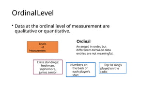 OrdinalLevel
• Data at the ordinal level of measurement are
qualitative or quantitative.
Levels
of
Measurement
Class standings:
freshman,
sophomore,
junior, senior
Numbers on
the back of
each player’s
shirt
Ordinal
Arranged in order, but
differences between data
entries are not meaningful.
Top 50 songs
played on the
radio
 