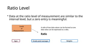 Ratio Level
• Data at the ratio level of measurement are similar to the
interval level, but a zero entry is meaningful.
Levels
of
Measurement
A ratio of two data values can be formed so one
data value can be expressed as a ratio.
Ratio
Ages Grade point averages Weights
 