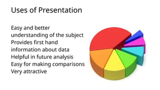 Uses of Presentation
Easy and better
understanding of the subject
Provides first hand
information about data
Helpful in future analysis
Easy for making comparisons
Very attractive
 