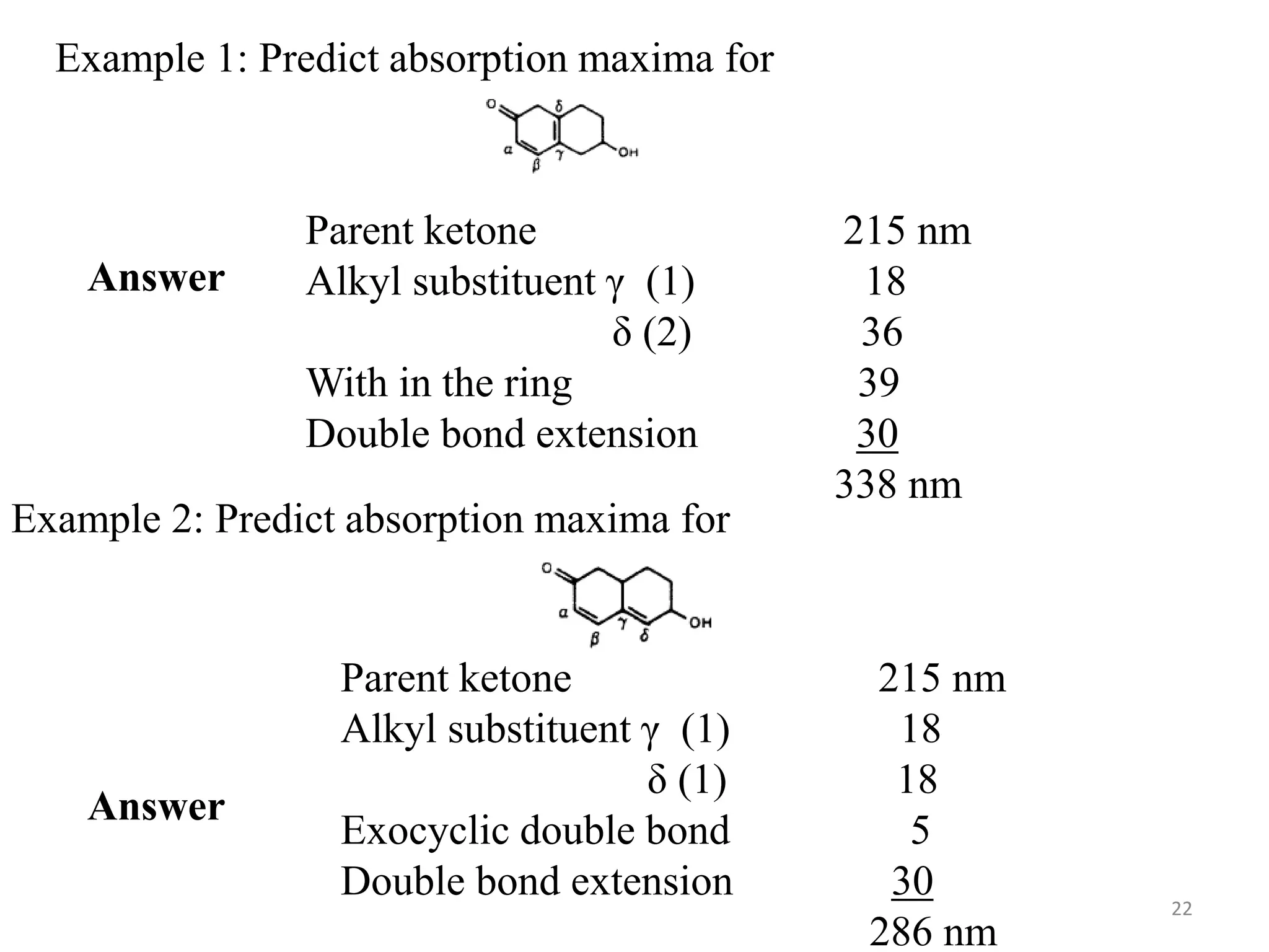 Example 1: Predict absorption maxima for
Parent ketone 215 nm
Alkyl substituent γ (1) 18
δ (2) 36
With in the ring 39
Double bond extension 30
338 nm
Answer
Example 2: Predict absorption maxima for
Answer
Parent ketone 215 nm
Alkyl substituent γ (1) 18
δ (1) 18
Exocyclic double bond 5
Double bond extension 30
286 nm
22
 