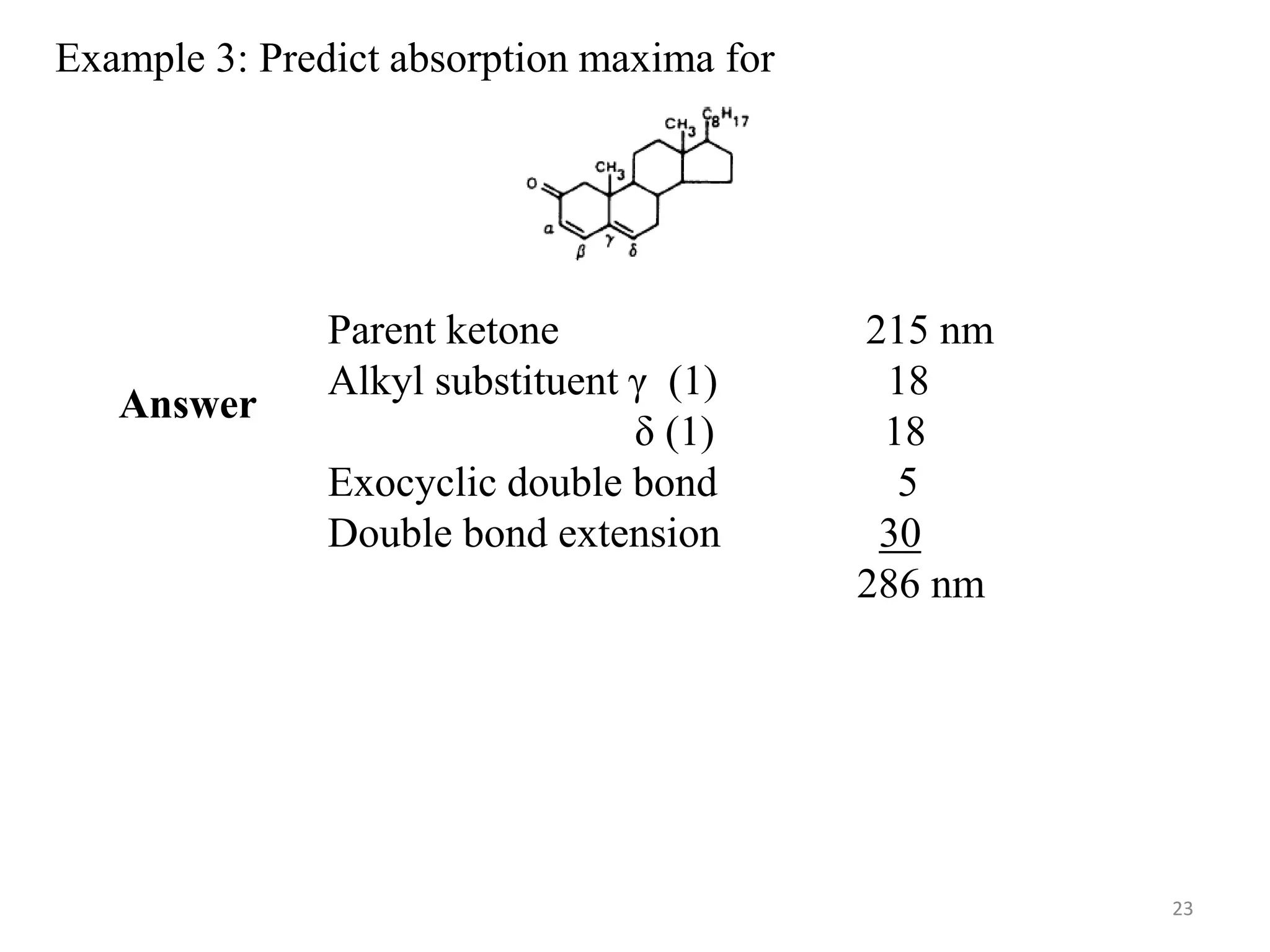 Example 3: Predict absorption maxima for
Parent ketone 215 nm
Alkyl substituent γ (1) 18
δ (1) 18
Exocyclic double bond 5
Double bond extension 30
286 nm
Answer
23
 