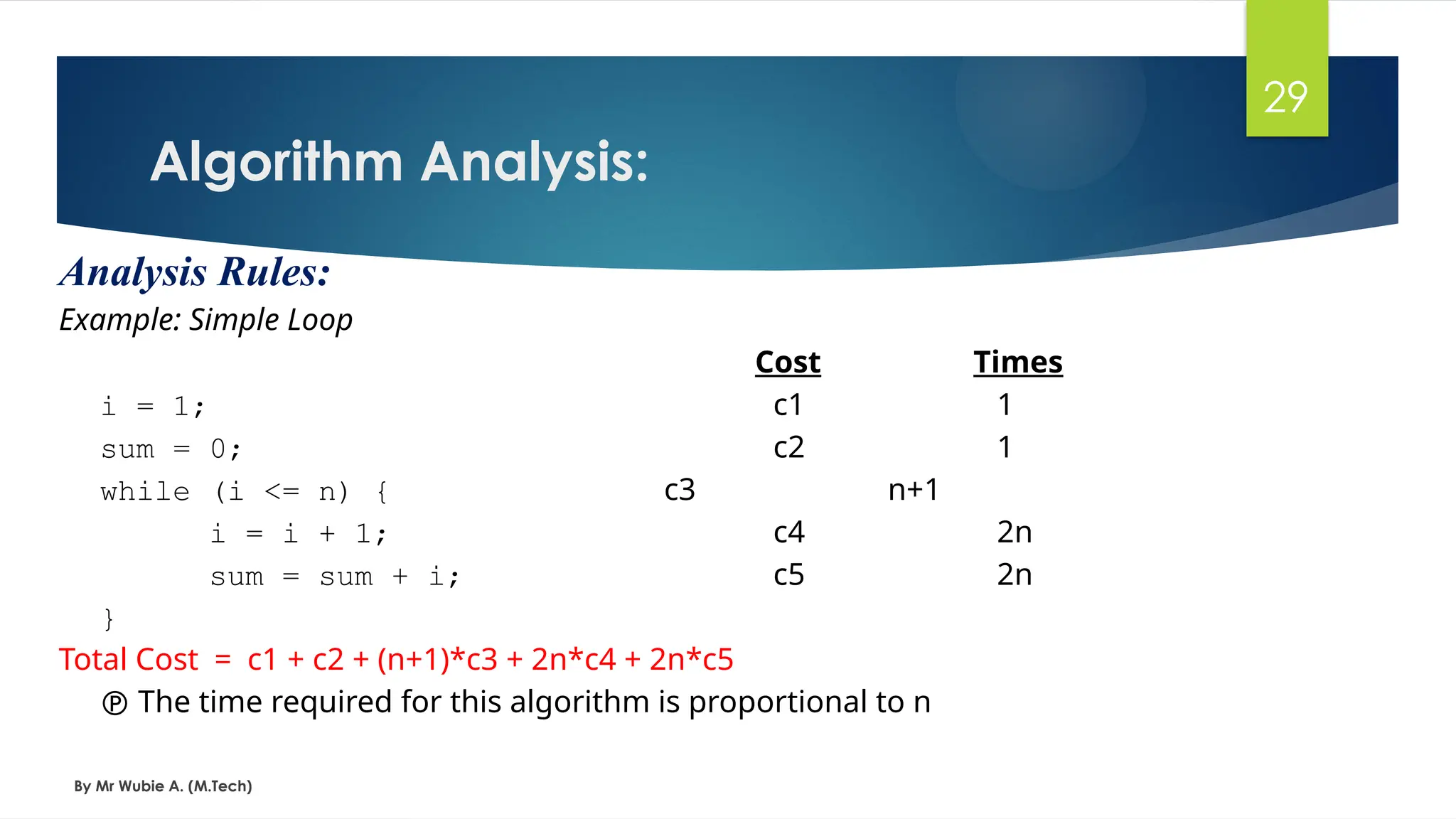 Algorithm Analysis:
By Mr Wubie A. (M.Tech)
29
Analysis Rules:
Example: Simple Loop
Cost Times
i = 1; c1 1
sum = 0; c2 1
while (i <= n) { c3 n+1
i = i + 1; c4 2n
sum = sum + i; c5 2n
}
Total Cost = c1 + c2 + (n+1)*c3 + 2n*c4 + 2n*c5
 The time required for this algorithm is proportional to n
 