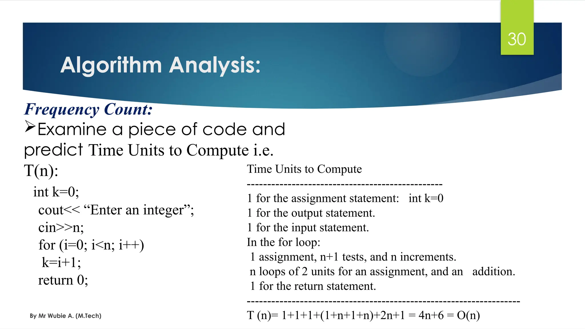 Algorithm Analysis:
By Mr Wubie A. (M.Tech)
30
Frequency Count:
Examine a piece of code and
predict Time Units to Compute i.e.
T(n):
int k=0;
cout<< “Enter an integer”;
cin>>n;
for (i=0; i<n; i++)
k=i+1;
return 0;
Time Units to Compute
------------------------------------------------
1 for the assignment statement: int k=0
1 for the output statement.
1 for the input statement.
In the for loop:
1 assignment, n+1 tests, and n increments.
n loops of 2 units for an assignment, and an addition.
1 for the return statement.
-------------------------------------------------------------------
T (n)= 1+1+1+(1+n+1+n)+2n+1 = 4n+6 = O(n)
 