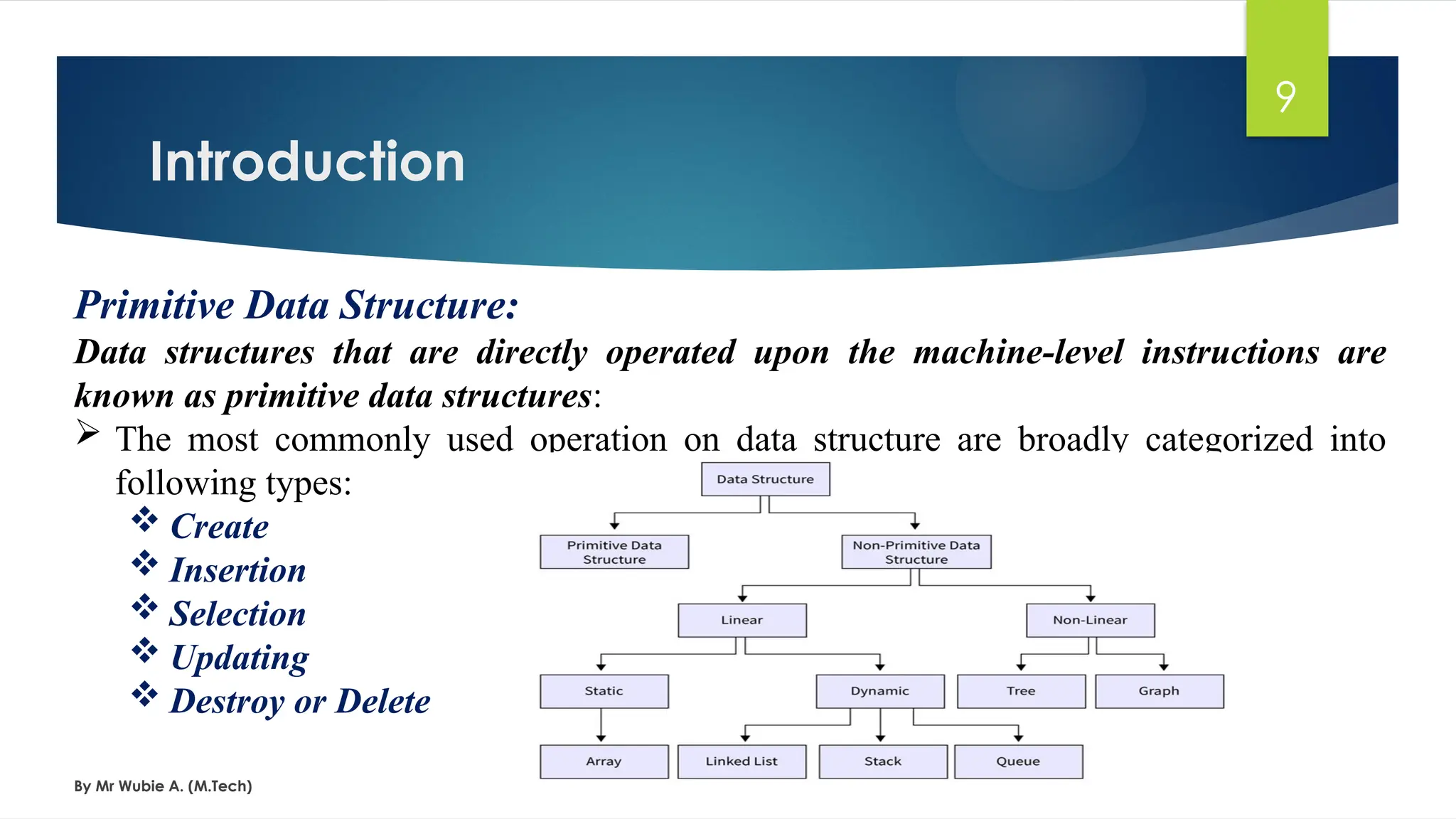 Introduction
By Mr Wubie A. (M.Tech)
9
Primitive Data Structure:
Data structures that are directly operated upon the machine-level instructions are
known as primitive data structures:
 The most commonly used operation on data structure are broadly categorized into
following types:
 Create
 Insertion
 Selection
 Updating
 Destroy or Delete
 