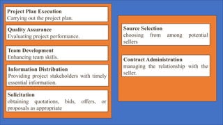 Project Plan Execution
Carrying out the project plan.
Quality Assurance
Evaluating project performance.
Team Development
Enhancing team skills.
Information Distribution
Providing project stakeholders with timely
essential information.
Solicitation
obtaining quotations, bids, offers, or
proposals as appropriate
Source Selection
choosing from among potential
sellers
Contract Administration
managing the relationship with the
seller.
 