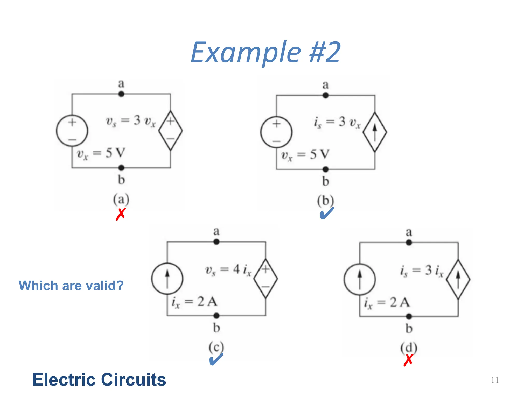 Example	
  #2
Electric Circuits 11
Which are valid?
✔
✗
✗
✔
 