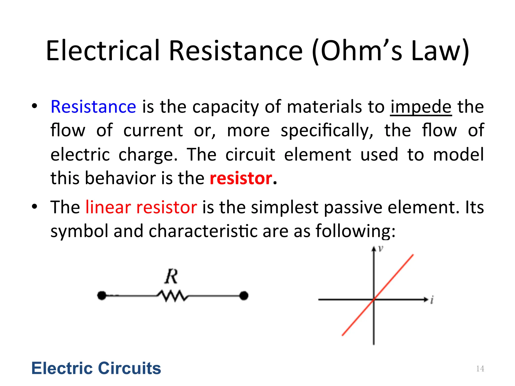 Electrical	
  Resistance	
  (Ohm’s	
  Law)
• Resistance	
  is	
  the	
  capacity	
  of	
  materials	
  to	
  impede	
  the	
  
ﬂow	
   of	
   current	
   or,	
   more	
   speciﬁcally,	
   the	
   ﬂow	
   of	
  
electric	
   charge.	
   The	
   circuit	
   element	
   used	
   to	
   model	
  
this	
  behavior	
  is	
  the	
  resistor.	
  	
  
• The	
  linear	
  resistor	
  is	
  the	
  simplest	
  passive	
  element.	
  Its	
  
symbol	
  and	
  characteris<c	
  are	
  as	
  following:
Electric Circuits 14
 