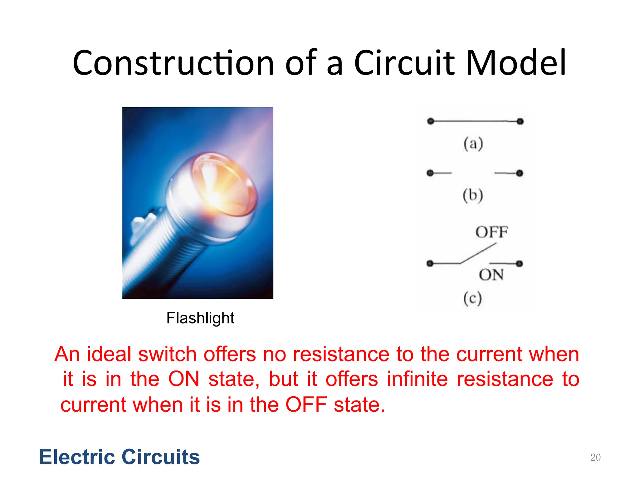 Construc<on	
  of	
  a	
  Circuit	
  Model
Electric Circuits 20
Flashlight
An ideal switch offers no resistance to the current when
it is in the ON state, but it offers infinite resistance to
current when it is in the OFF state.
 