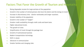 Factors That Favor the Growth of Tourism and Hospitality
1. Rising disposable income for large sections of the population
2. Growth in the number of retired persons who have the desire and the energy to travel
3. Increase in discretionary time – shorter workweeks and longer vacations
4. Greater mobility of the population
5. Growth in the number of “singles”
6. Greater credit availability through credit cards and bank loans
7. Higher educational levels
8. The growth of cities
9. Simplification of travel through the package tour
10. Growth of multinational business
11. Modern transportation technology
12. Shift in values
13. Advances in communication
14. Smaller families and changing roles
 