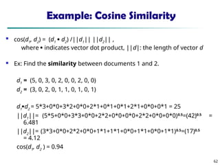 62
Example: Cosine Similarity

cos(d1
, d2
) = (d1
 d2
) /||d1
|| ||d2
|| ,
where  indicates vector dot product, ||d|: the length of vector d
 Ex: Find the similarity between documents 1 and 2.
d1
= (5, 0, 3, 0, 2, 0, 0, 2, 0, 0)
d2
= (3, 0, 2, 0, 1, 1, 0, 1, 0, 1)
d1
d2
= 5*3+0*0+3*2+0*0+2*1+0*1+0*1+2*1+0*0+0*1 = 25
||d1
||= (5*5+0*0+3*3+0*0+2*2+0*0+0*0+2*2+0*0+0*0)0.5
=(42)0.5
=
6.481
||d2
||= (3*3+0*0+2*2+0*0+1*1+1*1+0*0+1*1+0*0+1*1)0.5
=(17)0.5
= 4.12
cos(d1
, d2
) = 0.94
 