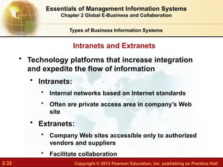 2.32 Copyright © 2013 Pearson Education, Inc. publishing as Prentice Hall
Intranets and Extranets
• Technology platforms that increase integration
and expedite the flow of information
• Intranets:
• Internal networks based on Internet standards
• Often are private access area in company’s Web
site
• Extranets:
• Company Web sites accessible only to authorized
vendors and suppliers
• Facilitate collaboration
Essentials of Management Information Systems
Chapter 2 Global E-Business and Collaboration
Types of Business Information Systems
 