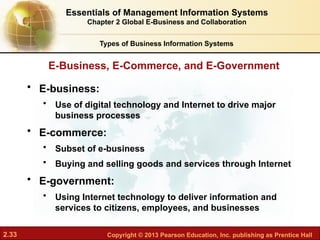 2.33 Copyright © 2013 Pearson Education, Inc. publishing as Prentice Hall
E-Business, E-Commerce, and E-Government
• E-business:
• Use of digital technology and Internet to drive major
business processes
• E-commerce:
• Subset of e-business
• Buying and selling goods and services through Internet
• E-government:
• Using Internet technology to deliver information and
services to citizens, employees, and businesses
Essentials of Management Information Systems
Chapter 2 Global E-Business and Collaboration
Types of Business Information Systems
 