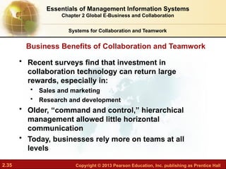 2.35 Copyright © 2013 Pearson Education, Inc. publishing as Prentice Hall
Business Benefits of Collaboration and Teamwork
Systems for Collaboration and Teamwork
• Recent surveys find that investment in
collaboration technology can return large
rewards, especially in:
• Sales and marketing
• Research and development
• Older, “command and control,” hierarchical
management allowed little horizontal
communication
• Today, businesses rely more on teams at all
levels
Essentials of Management Information Systems
Chapter 2 Global E-Business and Collaboration
 