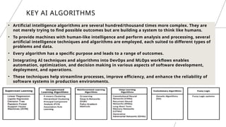 11
KEY AI ALGORITHMS
• Artificial intelligence algorithms are several hundred/thousand times more complex. They are
not merely trying to find possible outcomes but are building a system to think like humans.
• To provide machines with human-like intelligence and perform analysis and processing, several
artificial intelligence techniques and algorithms are employed, each suited to different types of
problems and data.
• Every algorithm has a specific purpose and leads to a range of outcomes.
• Integrating AI techniques and algorithms into DevOps and MLOps workflows enables
automation, optimization, and decision making in various aspects of software development,
deployment, and operations.
• These techniques help streamline processes, improve efficiency, and enhance the reliability of
software systems in production environments.
 