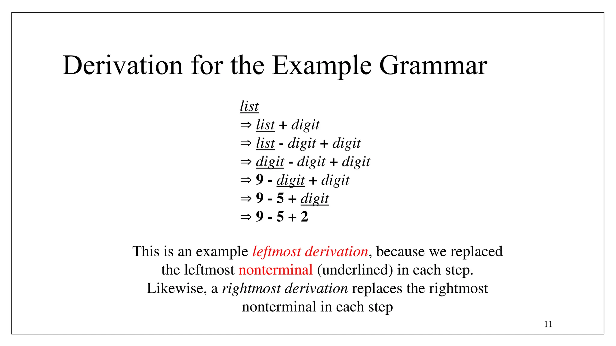 11
Derivation for the Example Grammar
list
 list + digit
 list - digit + digit
 digit - digit + digit
 9 - digit + digit
 9 - 5 + digit
 9 - 5 + 2
This is an example leftmost derivation, because we replaced
the leftmost nonterminal (underlined) in each step.
Likewise, a rightmost derivation replaces the rightmost
nonterminal in each step
 