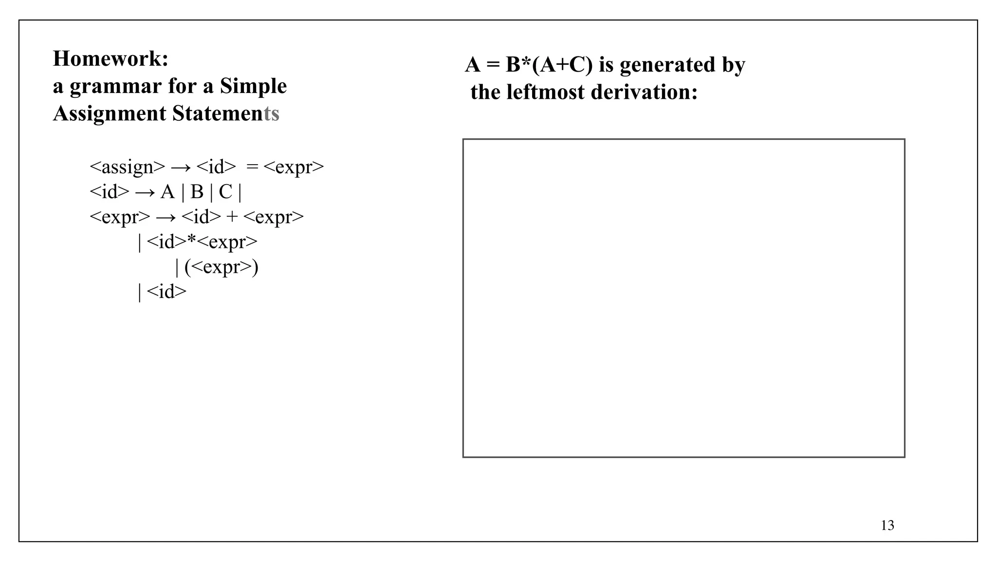 A = B*(A+C) is generated by
the leftmost derivation:
Homework:
a grammar for a Simple
Assignment Statements
<assign> → <id> = <expr>
<id> → A | B | C |
<expr> → <id> + <expr>
| <id>*<expr>
| (<expr>)
| <id>
13
 