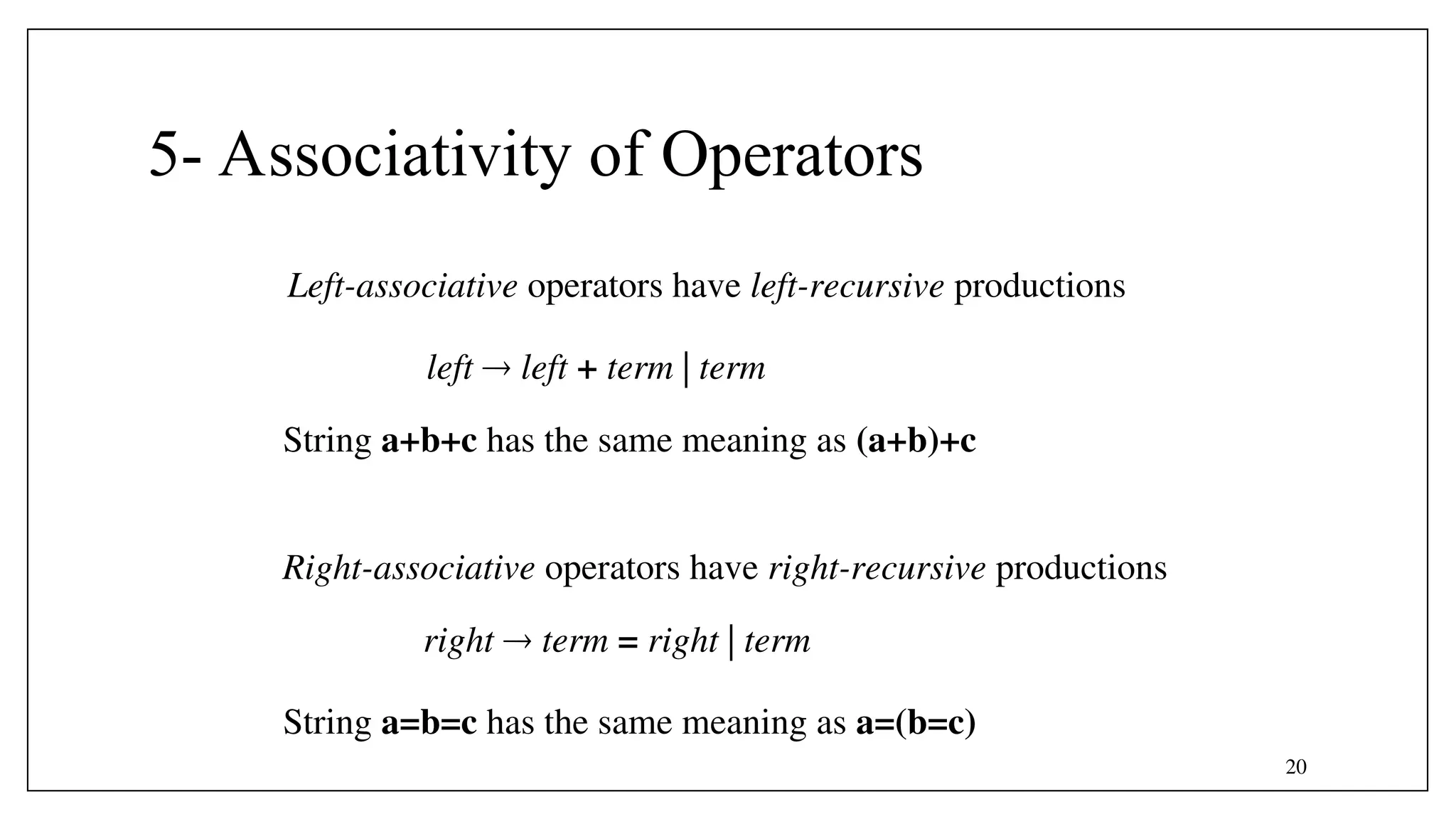 20
5- Associativity of Operators
right  term = right | term
left  left + term | term
Left-associative operators have left-recursive productions
Right-associative operators have right-recursive productions
String a=b=c has the same meaning as a=(b=c)
String a+b+c has the same meaning as (a+b)+c
 