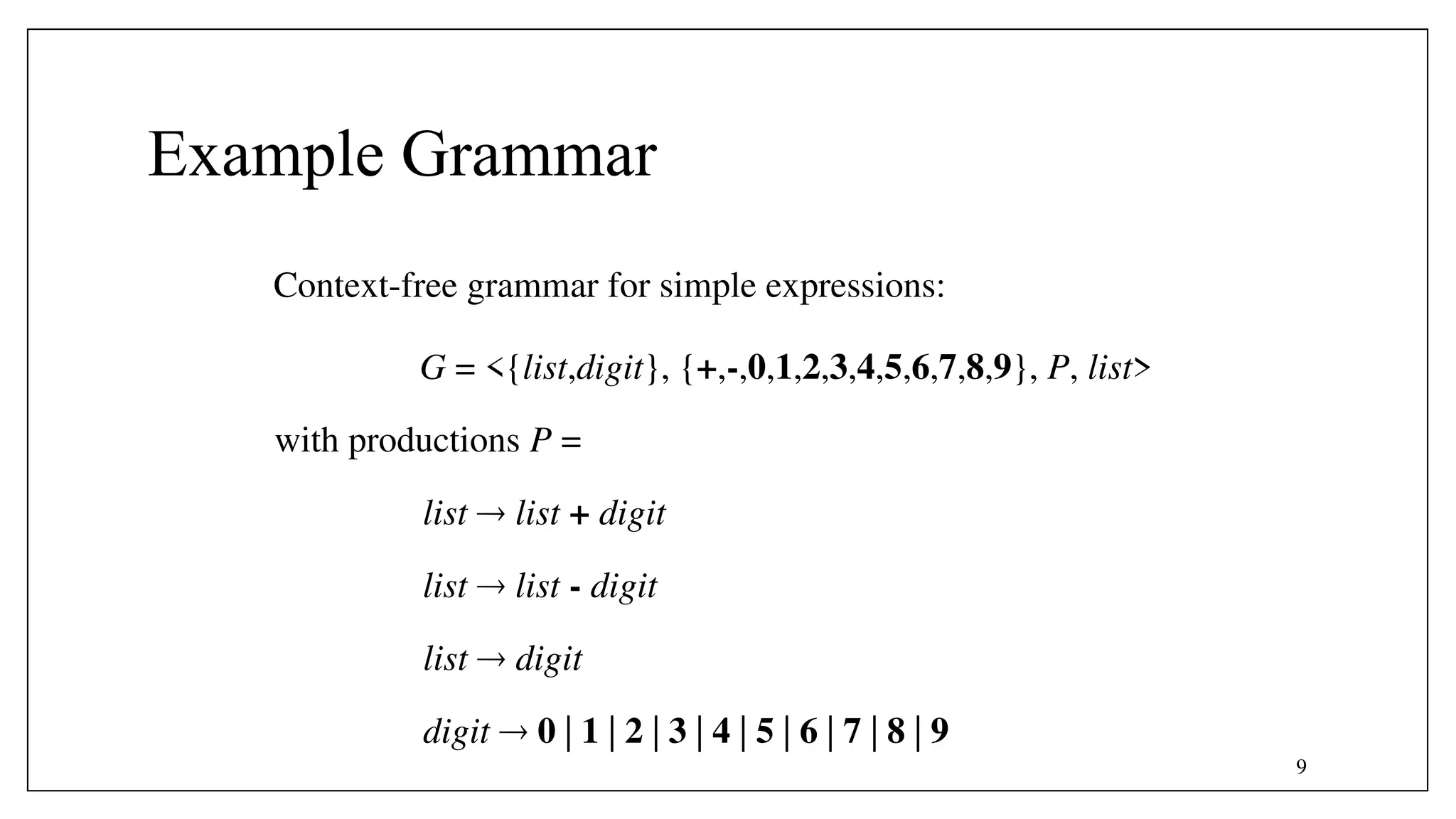 9
Example Grammar
list  list + digit
list  list - digit
list  digit
digit  0 | 1 | 2 | 3 | 4 | 5 | 6 | 7 | 8 | 9
G = <{list,digit}, {+,-,0,1,2,3,4,5,6,7,8,9}, P, list>
with productions P =
Context-free grammar for simple expressions:
 