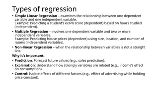 Types of regression
• Simple Linear Regression – examines the relationship between one dependent
variable and one independent variable.
Example: Predicting a student’s exam score (dependent) based on hours studied
(independent).
• Multiple Regression – involves one dependent variable and two or more
independent variables.
Example: Predicting house prices (dependent) using size, location, and number of
rooms (independent variables).
• Non-linear Regression – when the relationship between variables is not a straight
line.
Why it’s important:
• Prediction: Forecast future values (e.g., sales prediction).
• Explanation: Understand how strongly variables are related (e.g., income’s effect
on consumption).
• Control: Isolate effects of different factors (e.g., effect of advertising while holding
price constant).
 