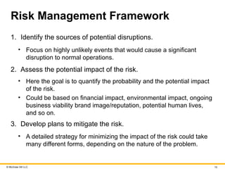 © McGraw Hill LLC 10
Risk Management Framework
1. Identify the sources of potential disruptions.
• Focus on highly unlikely events that would cause a significant
disruption to normal operations.
2. Assess the potential impact of the risk.
• Here the goal is to quantify the probability and the potential impact
of the risk.
• Could be based on financial impact, environmental impact, ongoing
business viability brand image/reputation, potential human lives,
and so on.
3. Develop plans to mitigate the risk.
• A detailed strategy for minimizing the impact of the risk could take
many different forms, depending on the nature of the problem.
 