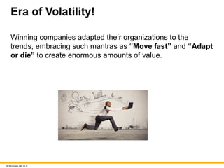 © McGraw Hill LLC
Era of Volatility!
Winning companies adapted their organizations to the
trends, embracing such mantras as “Move fast” and “Adapt
or die” to create enormous amounts of value.
 