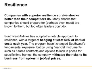 © McGraw Hill LLC
Resilience
Companies with superior resilience survive shocks
better than their competitors do. Many shocks that
companies should prepare for (perhaps even most) are
known to them, but too often leaders don’t do.
Southwest Airlines has adopted a notable approach to
resilience, with a target of hedging at least 50% of its fuel
costs each year. The program hasn’t changed Southwest’s
fundamental exposure, but by using financial instruments
such as futures contracts and options to lock in prices for
specific time frames, the company mitigates the risks to its
business from spikes in jet-fuel prices.
 