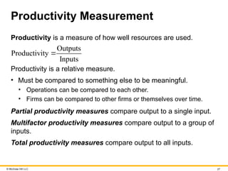 © McGraw Hill LLC 27
Productivity Measurement
Productivity is a measure of how well resources are used.
Outputs
Productivity
Inputs

Productivity is a relative measure.
• Must be compared to something else to be meaningful.
• Operations can be compared to each other.
• Firms can be compared to other firms or themselves over time.
Partial productivity measures compare output to a single input.
Multifactor productivity measures compare output to a group of
inputs.
Total productivity measures compare output to all inputs.
 