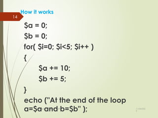 11/04/202
5
compiled by: IT dep't staffs
14
How it works
$a = 0;
$b = 0;
for( $i=0; $i<5; $i++ )
{
$a += 10;
$b += 5;
}
echo ("At the end of the loop
a=$a and b=$b" );
 